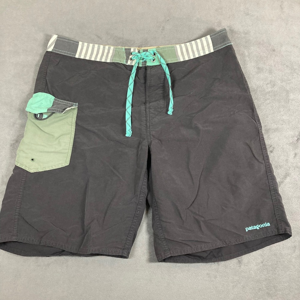 Patagonia Mens Board Shorts Grey Green Striped Waist Swim Trunks Size 35